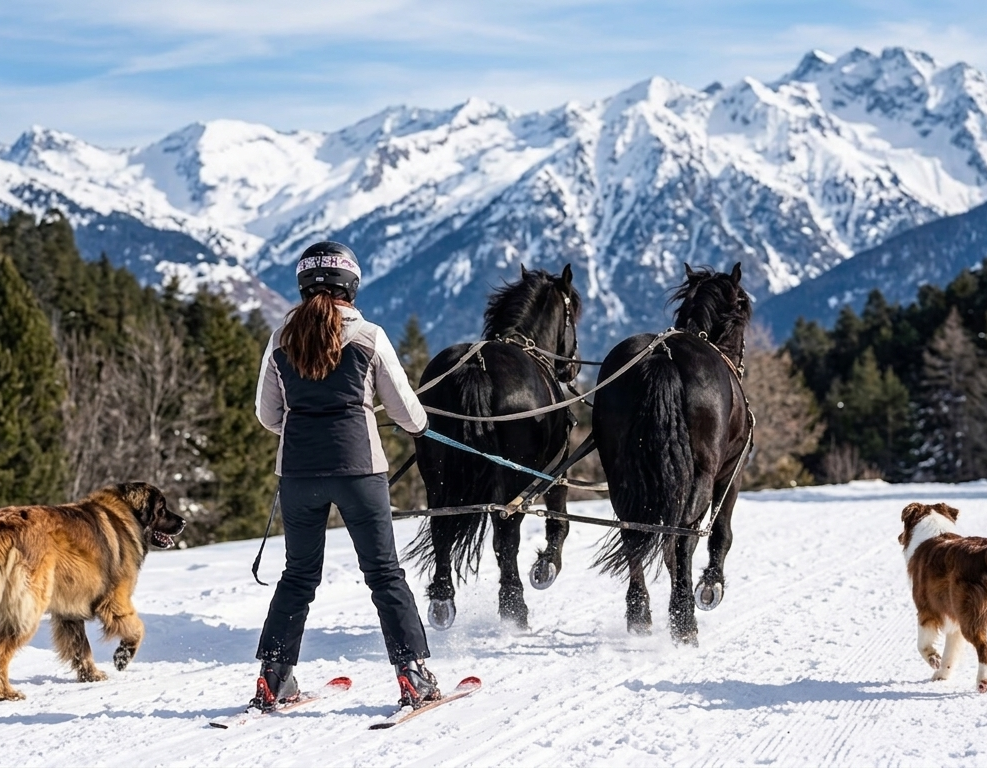 Journée Sportive Femme en skis avec deux chevaux et deux chiens, devant des montagnes enneigées. Animaux de Travail. Sportif